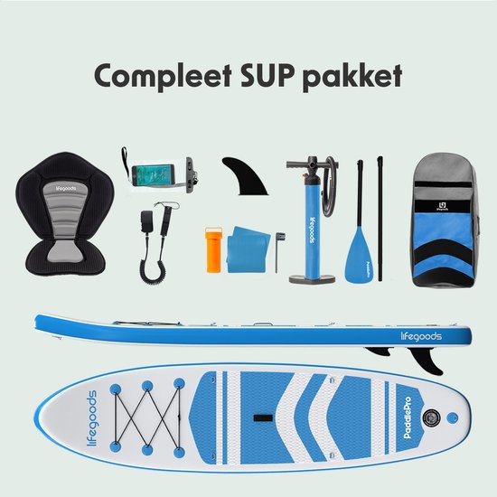 LifeGoods PaddlePro SUP Board - mit Sitz - Aufblasbares Paddle Board - Komplettset - Max. 135KG - 320x81cm - Weiß/Himmelblau