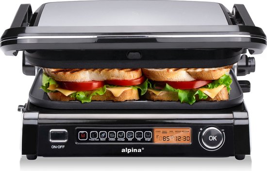 alpina Contact Grill 2100W - Sandwichgerät mit 7 Grillständern - Tischgrill mit herausnehmbaren Platten - Panini Grill 37,6 x 33,1 cm - Antihaftbeschichtung - Edelstahl/Aluminium