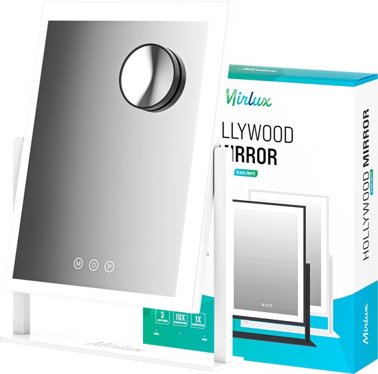 Mirlux Hollywood Schminkspiegel - 44x30 cm - LED Beleuchtung - 3 Lichtmodi - 5x Vergrößerung - Weiß
