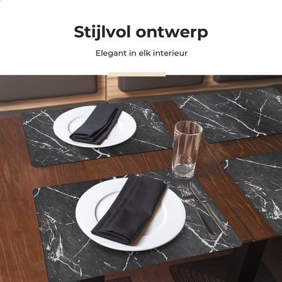 Castagnola Platzsets in Lederoptik - Rutschfeste Platzsets aus Kunstleder - Wasserabweisende Untersetzer - Untersetzer - 6 Stück - 45 x 30 cm - Schwarz/Weiß - Marmormuster