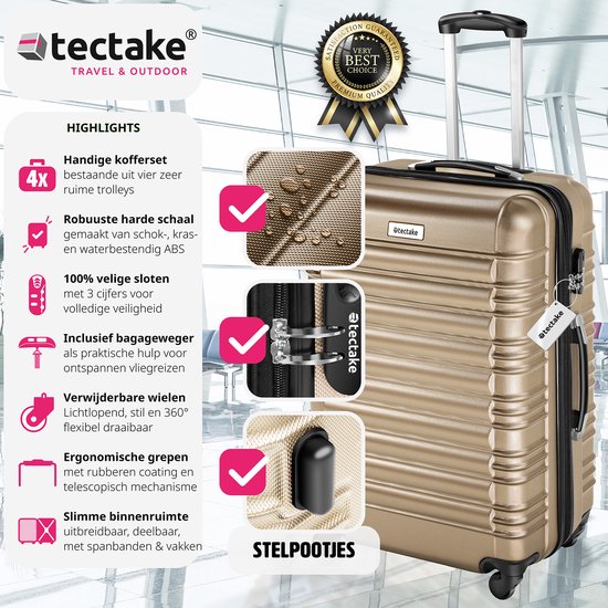 tectake - 4-teiliges Hartschalenkofferset - Reisekofferset mit Rollen - ABS - Teleskopgriff und Schloss - Inklusive Gepäckwaage - Trolleygrößen S-M-L-XL - Champagner