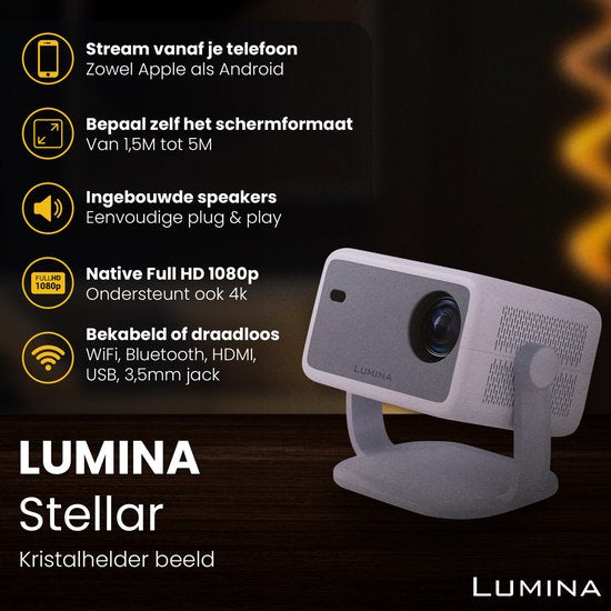 Lumina® Stellar Beamer 2025 - 4K Ultra HD - Automatische Leinwand & Richtfunktion - All-in-one Smart TV Projektor - Für iOS & Android - Weiß