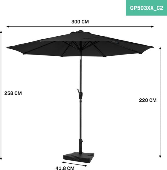 VONROC Premium Stick Sonnenschirm Recanati Ø300cm - Inkl. Sonnenschirmfuß & Schutzhülle - Runder Sonnenschirm - Neigbar - UV-beständiges Tuch - Schwarz
