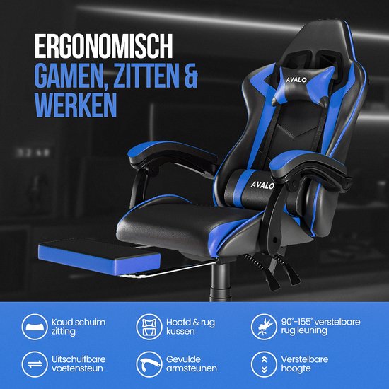 Avalo Gaming Chair - Game Chair - Ergonomischer Bürostuhl Verstellbar - Game Chair - Gaming Chair - Schwarz/Blau