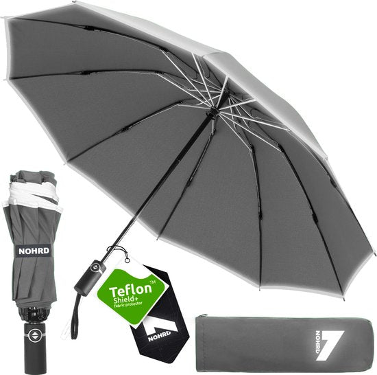 Nohrd Storm Umbrella - Grau - Regenschirm faltbar - Sturmsicher 108 km/h - Sturmschirme - Automatisch ein- und ausklappbar - Reflektierend - Regenschirme - Inklusive Schutzhülle
