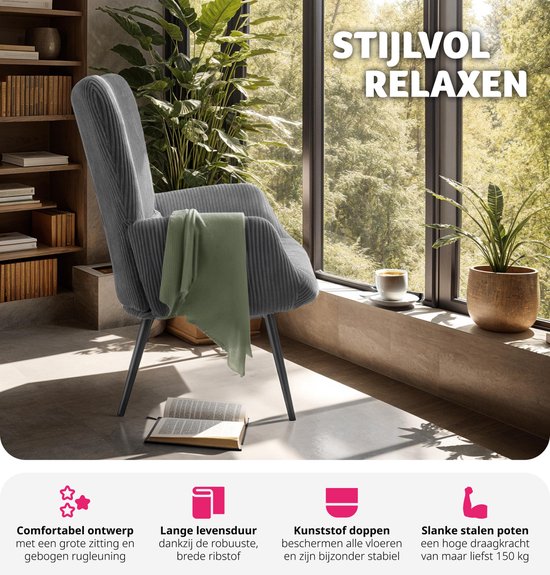 tectake Ohrensessel im skandinavischen Stil - Cord Hygge - Sessel für Wohnzimmer, Schlafzimmer - Loungesessel - Schwarze Metallbeine - Belastbarkeit bis 150 kg - Grau