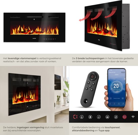 tectake® Wandkamin - Elektrokamin - Atmosphärischer Kamin - 91,5 x 12 x 43 cm - 900W & 1800W - Steuerung per Fernbedienung oder App - mit Thermostat - Ofen - mit Heizung - Kamine - Holz- und Glüheffekte - 3D-Flammen - Timer