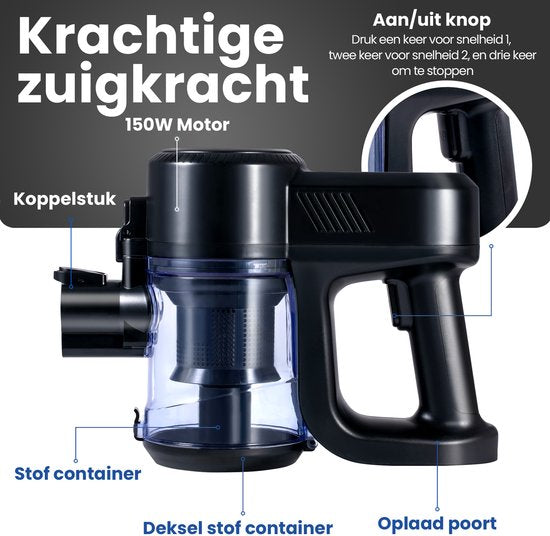Saaf G80 Stick Staubsauger - 150W - Stick Staubsauger Cordless - Bagless Staubsauger - 7-teiliges Set mit biegbarem Griff - 22kPa - Dustbuster - Schwarz