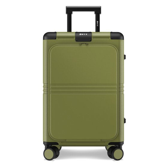 ONYX Hybrid Pro Handgepäck Koffer mit Fronttasche 38 Liter - Recyceltes Polycarbonat und reißverschlussloses Design - Reisekoffer mit TSA-Schloss und Spinner-Rädern - Leichter Trolley mit Laptop-Fach - Olivgrün