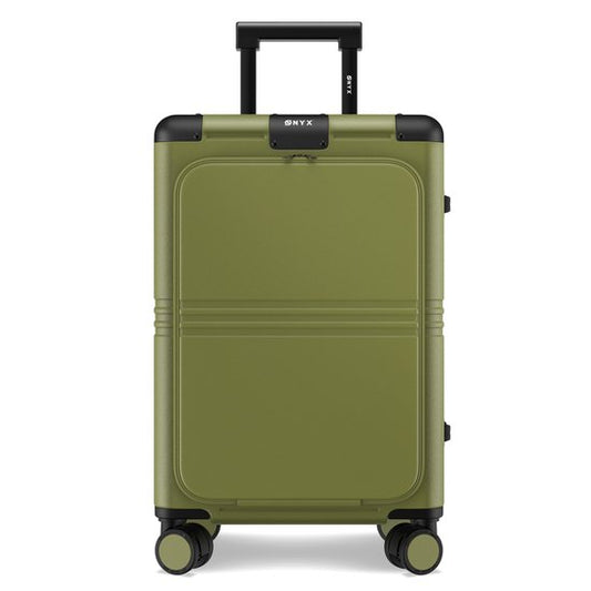 ONYX Hybrid Pro Handgepäck Koffer mit Fronttasche 38 Liter - Recyceltes Polycarbonat und reißverschlussloses Design - Reisekoffer mit TSA-Schloss und Spinner-Rädern - Leichter Trolley mit Laptop-Fach - Olivgrün