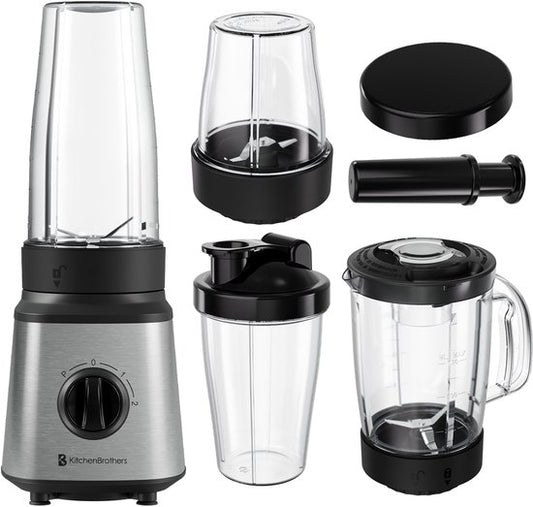 KitchenBrothers Blender - Komplettset - 2x 750ml Schüssel - Zerkleinerer - Stampfer - To-Go Becher - Edelstahl