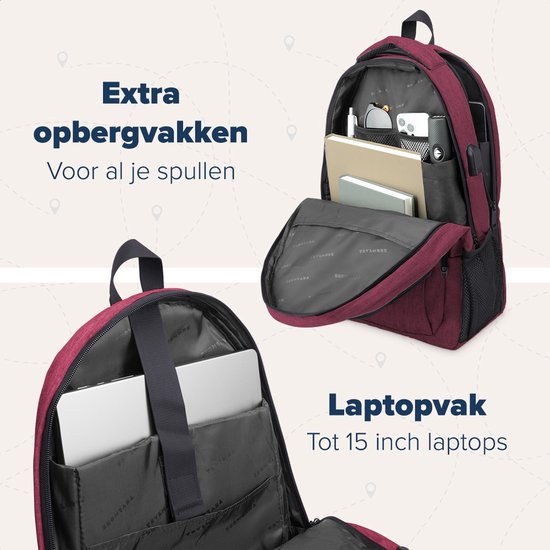 TRVLMORE Rucksack mit Lifetime - Rucksack mit 15.6 Zoll Laptopfach - Schultasche - spritzwassergeschützt - Männer und Frauen - Jungen und Mädchen - 28L - Burgunderrot