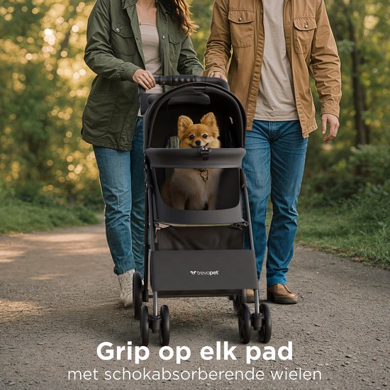 TrevoPet® Zusammenklappbarer Hundekinderwagen - für kleine und mittelgroße Hunde bis zu 15 kg - Kinderwagen mit Becherhalter und großem Ablagekorb - Schwarz