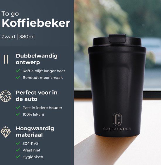 Castagnola Thermosbecher - Kaffeebecher To Go - Reisebecher für Kaffee und Tee - Teebecher - 380 ML - Edelstahl - Schwarz