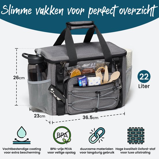 Cool Bag Large - 22 Liter - 5 Schichten isolierte Picknick-Tasche für Erwachsene - Lunch Bag - Grau - Sunflake