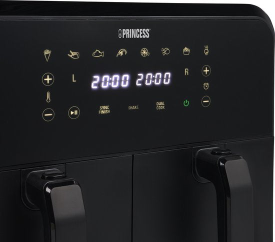 Princess Double Basket Airfryer 182068 - Double Airfryer - 8 Liter - 2 Körbe - XXL - 8 Programme - 2400W - Doppelte Heißluftfritteuse - Touchscreen - Schwarz - 80°C bis 220°C - Sync-Funktion