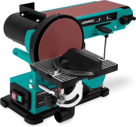 VONROC Band- und Tellerschleifer 350W - Inkl. 2x Schleifband 100 x 915 mm (P80 & P120) und 2x Schleifteller Ø150 mm (P80 & P120)