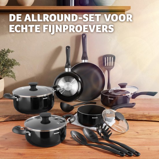tectake Pfannenset 15-teilig - Aluminium mit Glasdeckeln - Inklusive Utensilien - Schwarz
