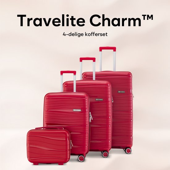 SKYCASES Travelin' Charm 4-teiliges Trolley Set - Handgepäck & Check-in Koffer - 32L/60L/98L - Zahlenschloss - 360° geräuschlose Räder - Leicht & Stabil - Modernes Design - Rot