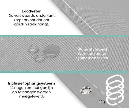 Loti Living Duschvorhang Anti-Schimmel - Grau - Inklusive Ringe - Wasserdicht - Polyester - Duschvorhang 180x200 cm