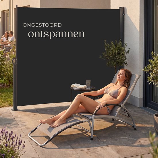 tectake® Ausziehbarer Windschutz mit Aufrollmechanismus – 300 x 180 cm – Seitenmarkise mit Aluminiumrahmen – Sonnenschutz – Gartenschutz – Schwarzer Balkon-Sonnenschutz – Undurchsichtiger Sichtschutz – Markisentuch