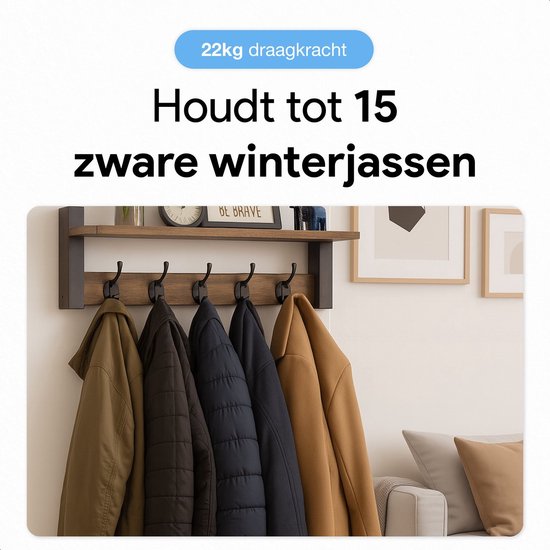 Wandgarderobe mit Ablage - 10 Haken - Hängend - Garderobenständer - Kleidung - Kleiderbügel - Vintage - Wand - Industriell - Holz - Garde dressing gown - Schwarz - Luft