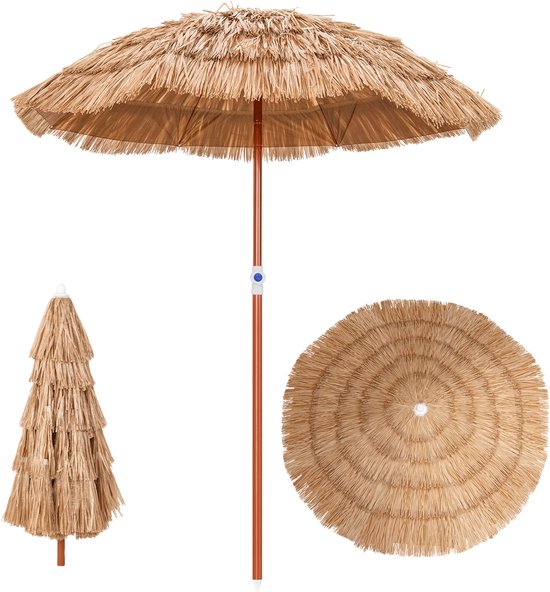 COSTWAY Hawaii Sonnenschirm, Sonnenschirmfuß nicht inbegriffen, kippbarer Strandschirm, Gartenschirm, höhenverstellbar, UV-Schutz, pp Strohsonnenschirm, Marktschirm, natur, 155 cm