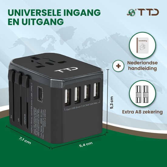 TTD® World Universal Plug - Reisestecker Typ A B C E F G I mit USB-C und 4x USB-A Schnellladung - Geeignet u.a. für Amerika, Australien, England und Japan - Reiseadapter - Reiseadapter