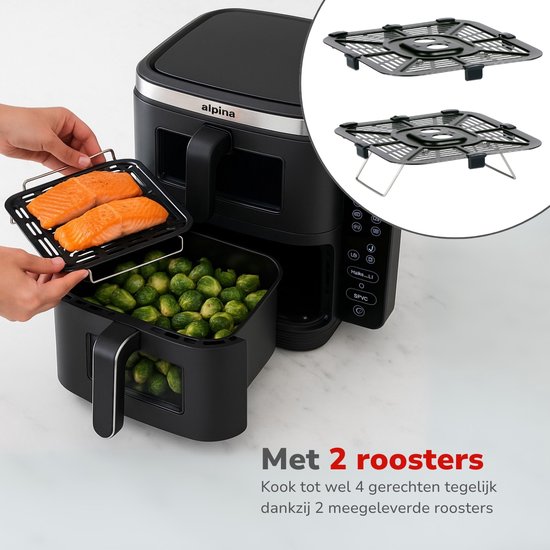 alpina Airfryer XXL - Doppel-Luftfritteuse 11L - Heißluftfritteuse 2 Körbe - Doppelt gestapelt für 8 Personen - Klappbares Display - Timerfunktion bis zu 60 Minuten - Temperatur 60-200°C - Schwarz