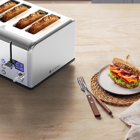 KitchenBrothers Toaster - Toaster - 6 Heizstufen - 4 extra breite Schlitze - 1630W - Edelstahl/Silber
