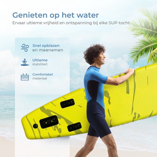 Supper Sup Board XL - Max. 220KG - Aufblasbar - Verstellbares Paddel - Wasserdichte Handytasche - Pumpe - Finne - Tragetasche - Touring 381 x 81 cm - Lime Green
