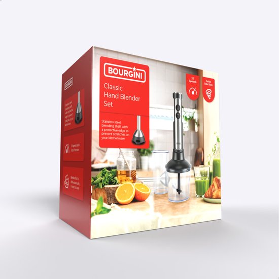 Bourgini Stabmixer - 4-tlg. Leistungsstarkes Stabmixer-Set aus Edelstahl -20 Geschwindigkeiten - Schneebesen - Zerkleinerer 600ml - Messbecher 800ml - 1500W