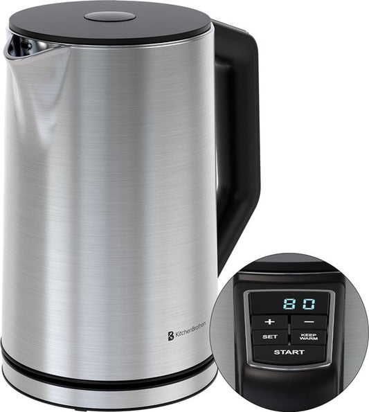 KitchenBrothers Wasserkocher - Elektrisch - 1,5L - 2200W - Einstellbare Temperaturregelung - Doppelwandig - Edelstahl-Wasserkocher - Silber