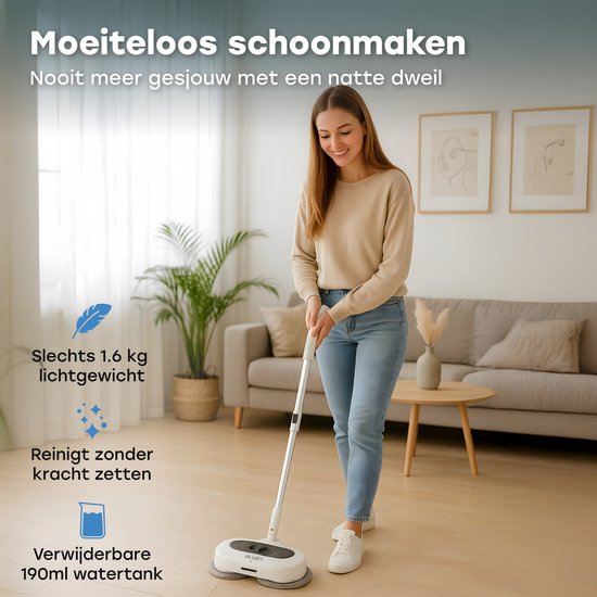 Ølven Elektro-Mopp - Schnurlos - Bodenreiniger - Sprühfunktion - LED-Beleuchtung - 50W - Verstellbar - Weiß