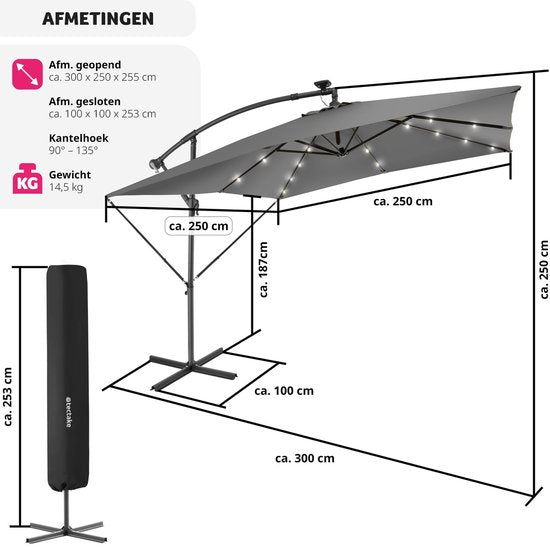 tectake Rechteckiger Sonnenschirm - Mit Solar-LED-Beleuchtung - Inkl. Schutzhülle - Schwebender Sonnenschirm - Sonnenschutz Terrasse, Garten - Balkon Sonnenschirm - Großer Sonnenschirm - 250x300cm - Grau