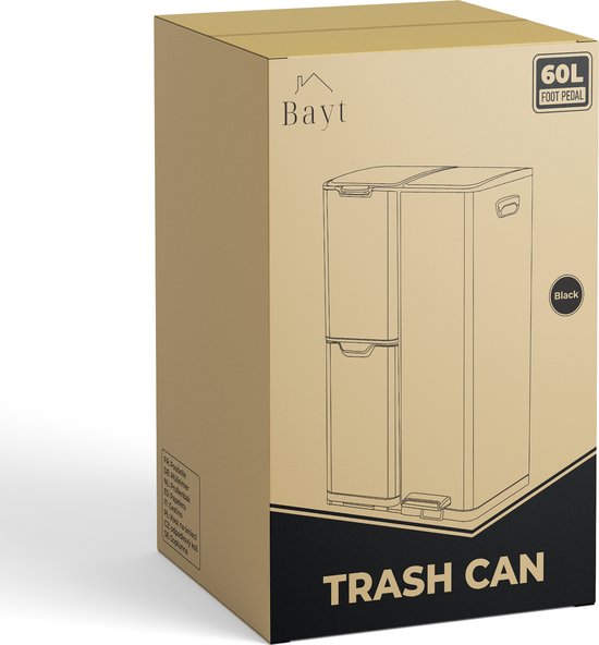 Bayt Mülleimer - Mülleimer 60 Liter - Mülleimer 60 Liter - Treteimer 60 Liter - Mülleimer Mülltrennung - Mülleimer 3 Fächer - Mülleimer - Edelstahl - Silber