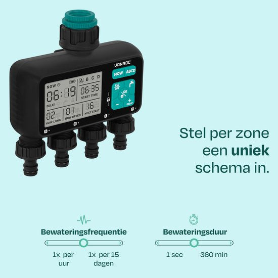 VONROC 4-fach Bewässerungsuhr - Bewässerungscomputer für 4 Zonen - Bewässerungszeit und -häufigkeit pro Zone einstellbar