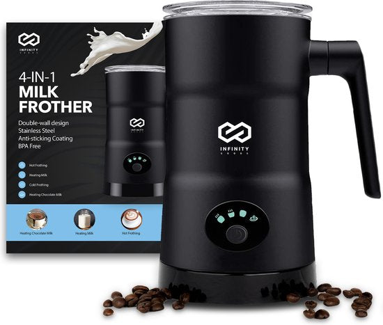 Infinity Goods 4-in-1 Elektrischer Milchaufschäumer - 350 ml - Aufschäumen und Erhitzen - Cappuccino - Spülmaschinenfest - Schwarz