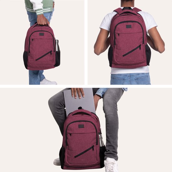 TRVLMORE Rucksack mit Lifetime - Rucksack mit 17 Zoll Laptopfach - Schultasche - spritzwassergeschützt - Männer und Frauen - Jungen und Mädchen - 36L - Burgunderrot