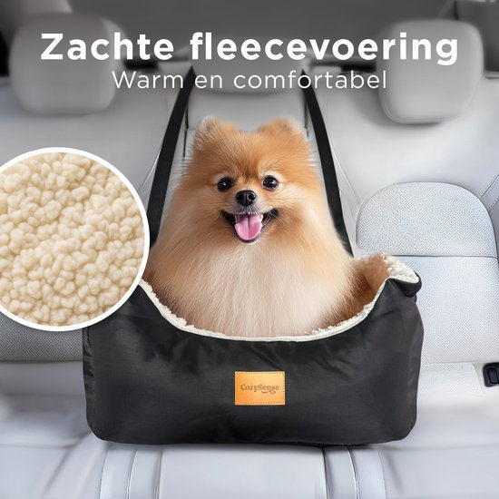 CozySense® Hundeautositz - Hundekorb Auto für kleine Hunde - Vorder- und Rücksitz - mit Sicherheitsgurt, Staufach und waschbarem Bezug - Schwarz/Beige