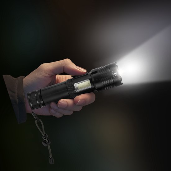 Exortus® Wiederaufladbare LED-Taschenlampe – 5000 Lumen – Langlebig und wasserdicht – 26650-Akku – COB-Beleuchtung – Aufbewahrungsbox – Holster