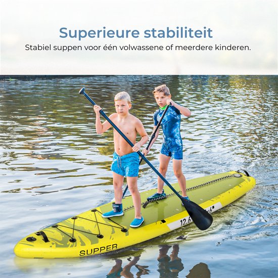 Supper Sup Board XL - Max. 220KG - Aufblasbar - Verstellbares Paddel - Wasserdichte Handytasche - Pumpe - Finne - Tragetasche - Touring 381 x 81 cm - Lime Green