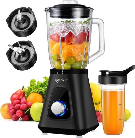 Safecourt Küchenmixer - Leistungsstarker - 1200-Watt-Mixer - Mit To-Go-Becher - 3 Ständer - Schwarz