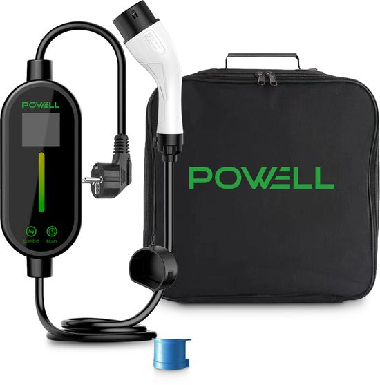 Powell Ladekabel Typ 2 - Mobile Home Charger Typ 2 - 3.5kW - IP67 Wasserdicht - 5 Meter Kabel - Inklusive Aufbewahrungstasche - Wasserdicht - Schwarz/Weiß