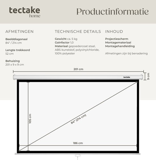 tectake® Beamer-Leinwand – 84 Zoll (214 cm) – 16:9-Projektionsleinwand – Wand- oder Deckenmontage – 4K HD – Aufrollbar – Ausziehbar – Projektionsleinwand – Präsentationsleinwand – Heimkino – Inklusive Befestigungsmaterial