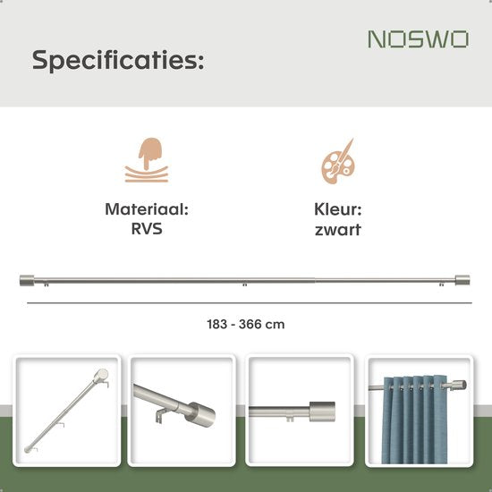 Noswo Vorhangstange - Ausziehbar - 183 bis 366 cm - Vorhangstange - Vorhangschienen komplett - Metall - 300cm - Silber