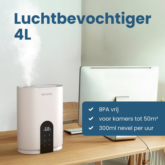 Auronic Luftbefeuchter - 4 Liter - 40m2 - Geeignet für Wohnzimmer, Büro, Schlafzimmer, Babyzimmer und mehr - Mit Aromatherapie - BPA-frei - Weiß
