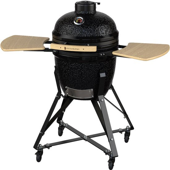 KitchenBrothers Kamado BBQ - 18 Zoll Holzkohlegrill - 38,5⌀ cm - Komplettset - Eiergrill mit Zubehör inklusive Abdeckung - Schwarz