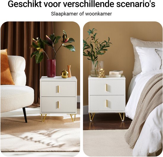 SoBuy 2-teiliger Nachttisch mit 2 Schubladen - Beistelltisch - Sofabeistelltisch - Couchtisch - Nachttisch - Betttisch mit 2 Schubladen für Wohnzimmer, Schlafzimmer, Büro, Weiß, 40x40x47cm, FBT115-Wx2