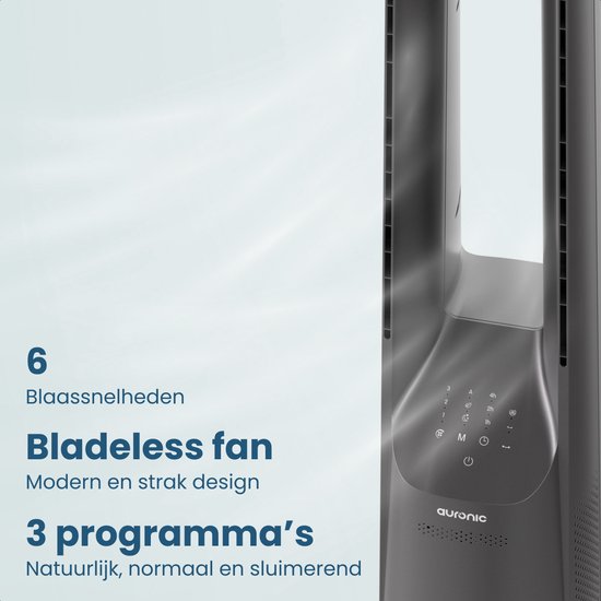Auronic Tower Fan - Lamellenloses Modell - Luftkühler - Bodenventilator - Leiser Standventilator - 101 CM - 6 Geschwindigkeiten - Ventilator - Mit Timer - 39 dB - Hellgrau